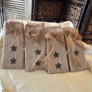 Set of Four Primitive Style Metal Star Burlap Gift Bags w/ Hangers & Bows.